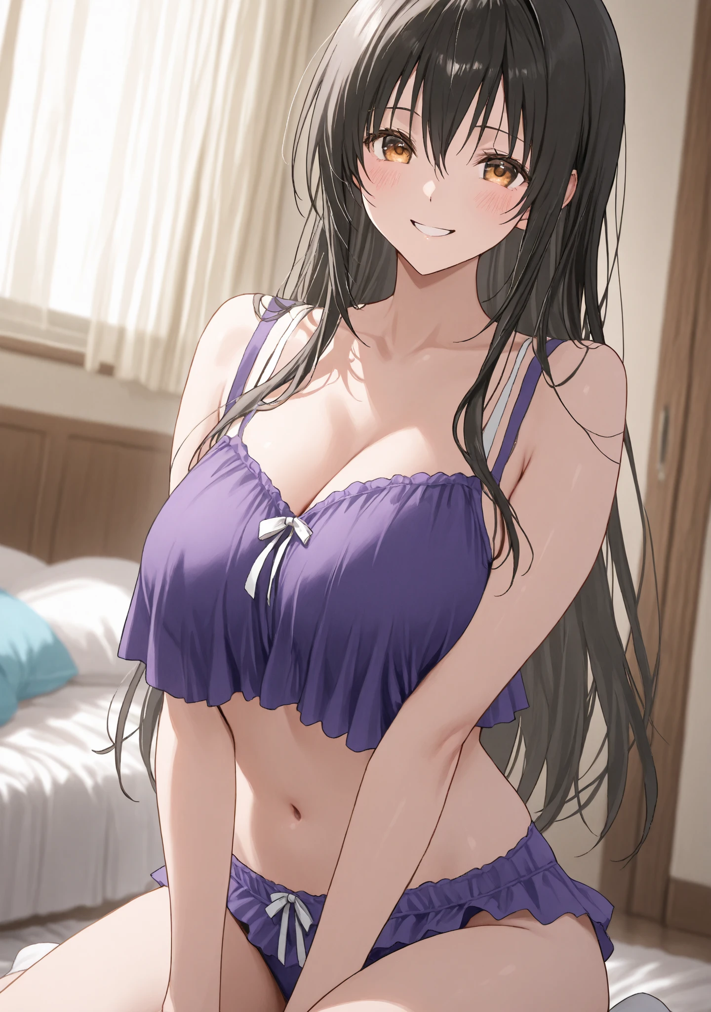 long_hair, purple_Eye, hair_bow, Ponytail, 1 girl, 20 years,Young women,fair Finger,fair long legs,fair body,fair Nose,fair character design, perfect Eye, perfect Face,expressive Eye,Perfect balance, Looking at the audience,(Focus on her Face),Shut up, (Innocent_Large target_Eye:1.0),Light_Smile, official art,Extremely detailed CG Unity 8K wallpaper, Perfect lighting,rich and colorful, bright_front_Face_Lighting,有Light泽的皮肤, (masterpiece:1.0),(the best_quality:1.0), Ultra-high resolution,4K,Super detailed, photography, 8k, HDR, high resolution, absurd:1.2, Kodak Portrait 400, Film Grain, Blurred background, Bokeh:1.2, 鏡頭Light暈, (Energetic_color:1.2),专业photography师, (fair,Large target_breast:1.4), (fair_Face:1.5),(narrow_waist),Green underwear,Green lace,Green bra, Green underwear, Green lingerie, Slim sexy body, full body