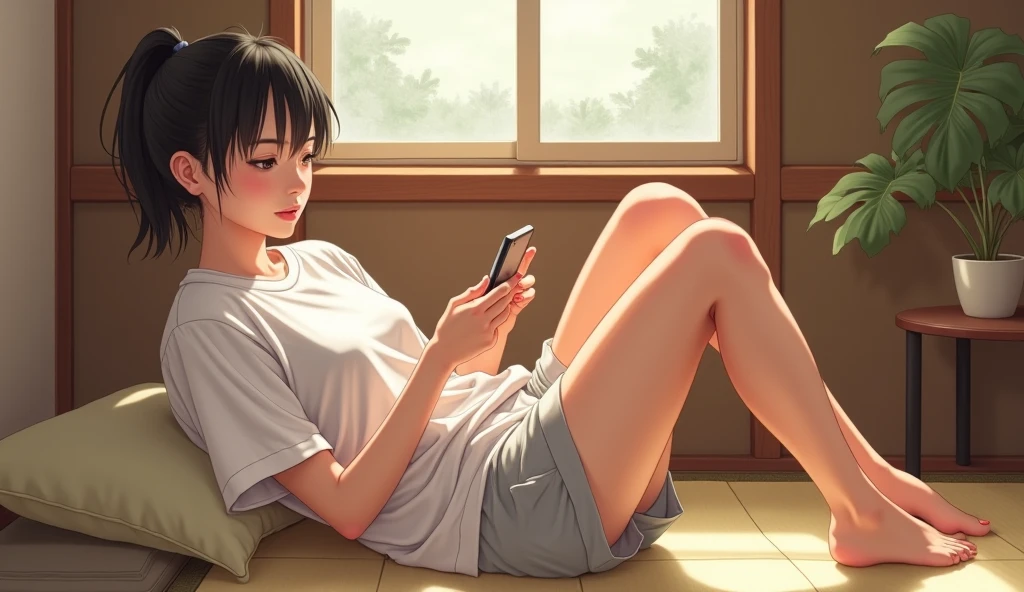 A woman sitting on the floor playing with her phone, guweiz style artwork, looking at his phone, Cai Xukun, Doujinshi, Paint Urzan, guweiz, author：Yang Jie, Inspired by Bian Shoumin, high quality portraits, Japanese cartoons. soft light, high quality Doujinshi, looks very realistic, The art of math #one shot game