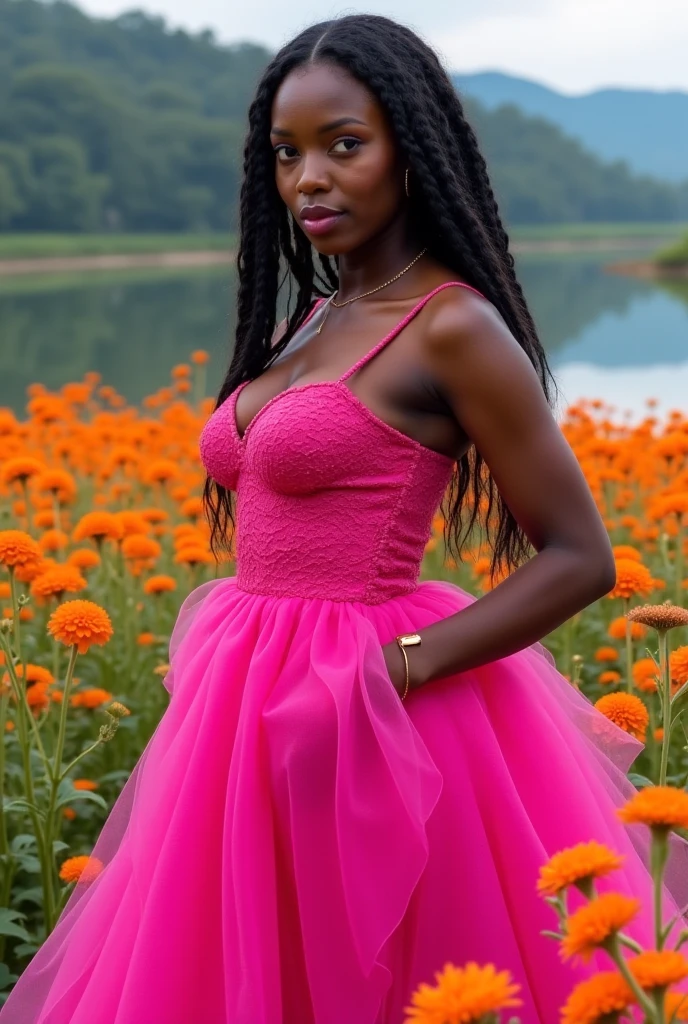 Black orisha warrior with curly hair holding a curved sword in her hand, wearing a hot pink dress in a creek in the woods