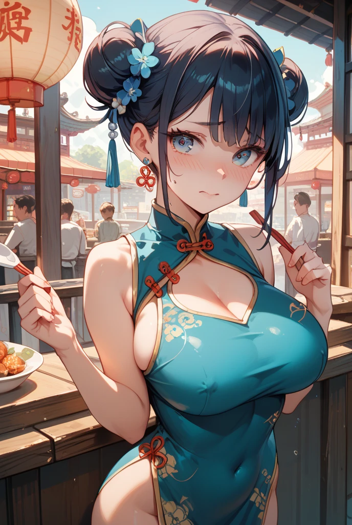 masterpiece, top quality, high detailed, detailed face, bright Eyes, outdoor, blurred background, dynamic poses, dynamic angle, (from the front),standing, (small breasts),(pokies),(see through dress),(Looking forward:1.5), xianglingdef,joyful, laughing, hot and spicy, happy, in a old traditional Chinese restaurant