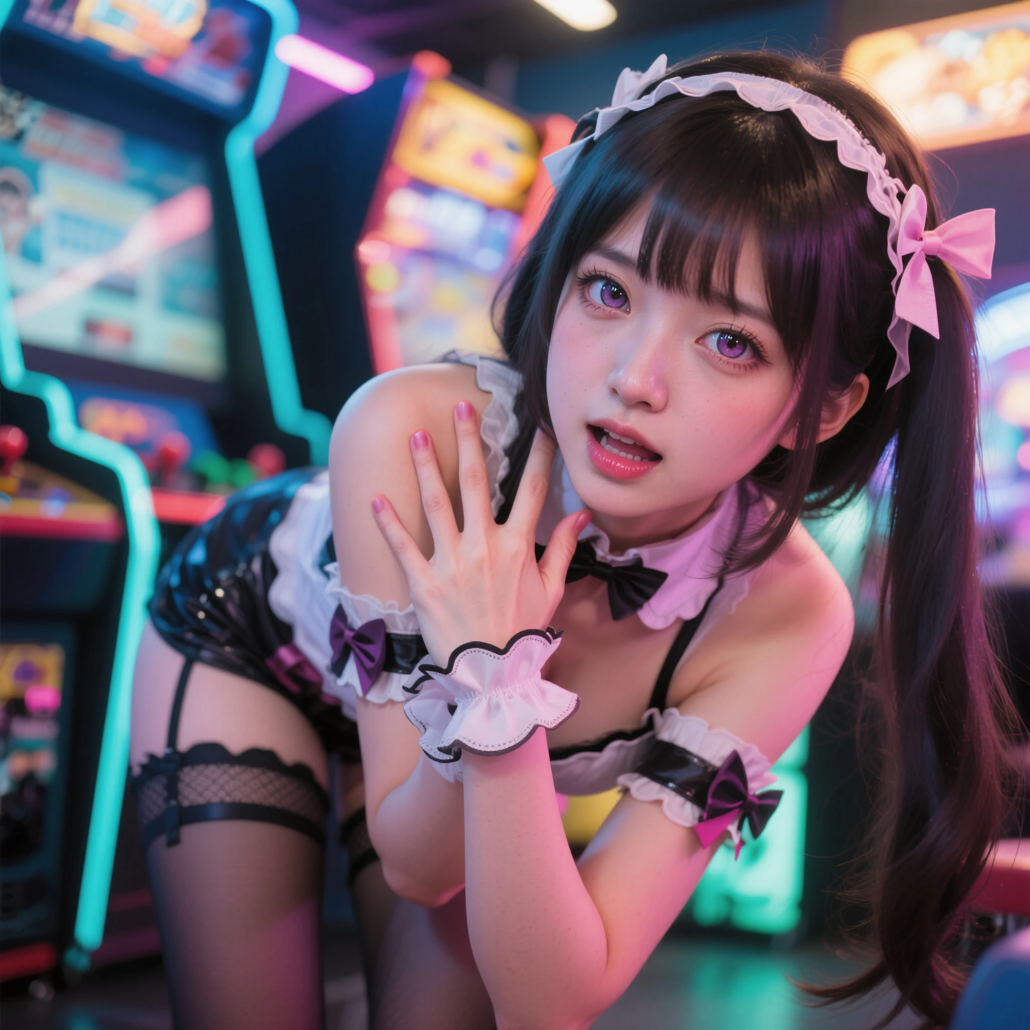 (best quality:1.2), masterpiece, Realistic, Ultra-high resolution, ((a beautiful Japanese idol 12 years old woman:1.2)), (Gaunt:1.3), (((Very flat chest:1.4))), ((Baby Face)), (show me your armpit:1.2), (sweaty armpit:1.3), ((Armpits are wet and shiny with sweat)), She has skin that sweats easily Soaking wet, Sweaty, I can see my pores, realistic, rabbit ears, black rabbit ears, fake rabbit ears, pantyhose, black pantyhose,bowtie, wrist cuffs, black leotard, (casino,roulette table, poker chips, slot machine, chandelier:1.2)