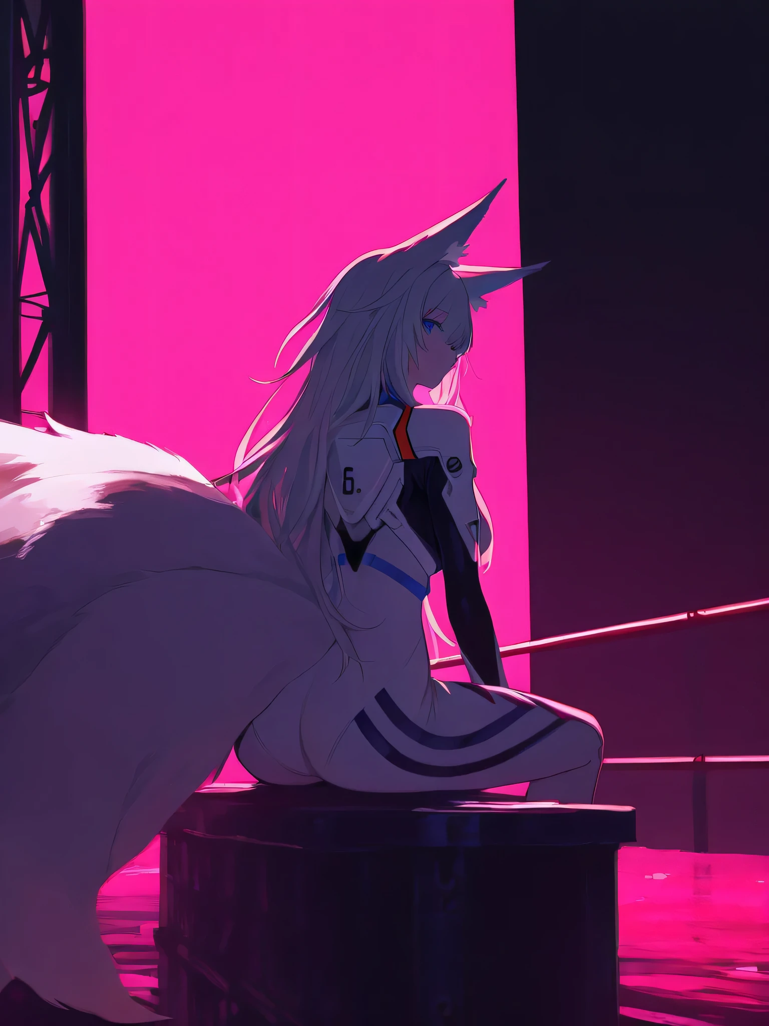masterpiece, best quality, 1girl, bodysuit under clothes, white bodysuit, expressionless, sitting, rebar scaffolding, shinano \(azur lane\), white hair, Long hair, blue eyes, fox ears, fox tail, ass, back, looking back, nine fox tail, kitsune, simple background, lelst0_illu, bloom, high contrast, high saturation, tone mapping, ambient occlusion, colorful, cinematic lighting, color grading, pink theme, white theme, evangelion plugsuit,