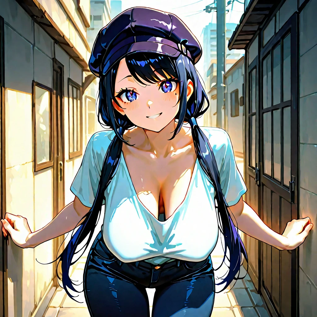 masterpiece、highest quality、solo、Pokémon、big tits milf、big tits milf、big tits milf、、nesa casual、brown skin、make、smile、look at viewer、Are standing、taxi hat、blue shirt、off shoulder、white pants、Hoop Earrings、outdoor、street