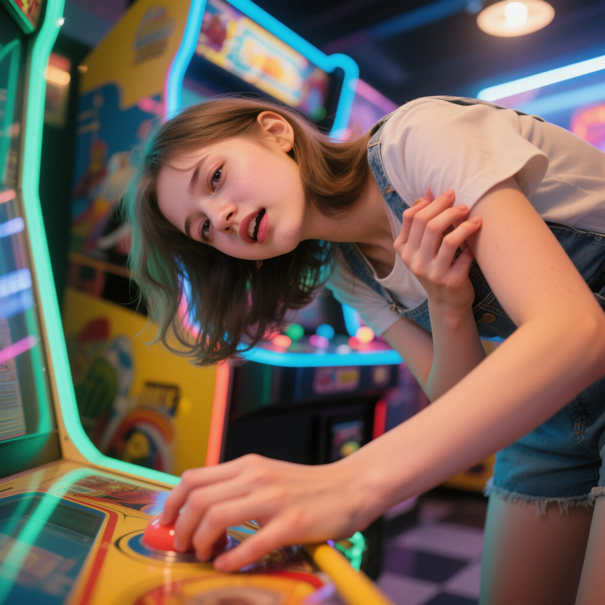 blonde girl  neon ball in hands.