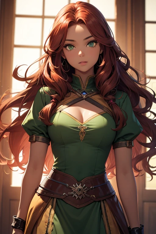 brown hair, green eyes, masterpiece, best quality, beautiful, stunning, [[black eye shadow, makeup]], long hair, medieval fantasy
