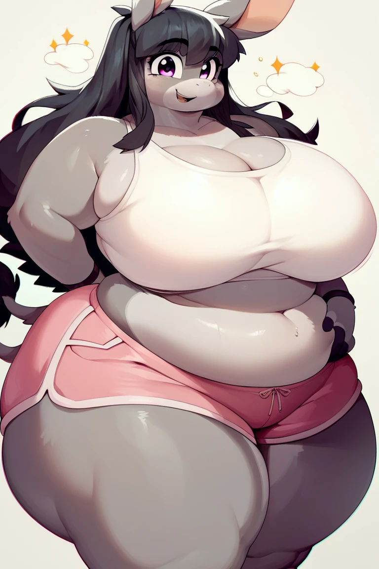 ((Masterpiece)), ((Best Quality)), (4K quality), ((Detailed face:1.2), (Detailed eyes:1.2), (Detailed pupils:1.2), Ultra High Resolution, intricate details, ultra-detailed, dramatic lighting, 1girl,solo, 45-year-old, Latina, mature female, (dark-skinned female:1.3), long black hair, (Wearing: red tank-top, black leggings, sneakers:1.2), smiling, sexy, very beautiful face, Curvy, Oversize, Overweight, thick lips, plump figure, big breasts, fat rolls, belly rolls, muffin top, big deep navel, tight out, love handles, massive wide hips, wide waist, wide load butt, thick thighs