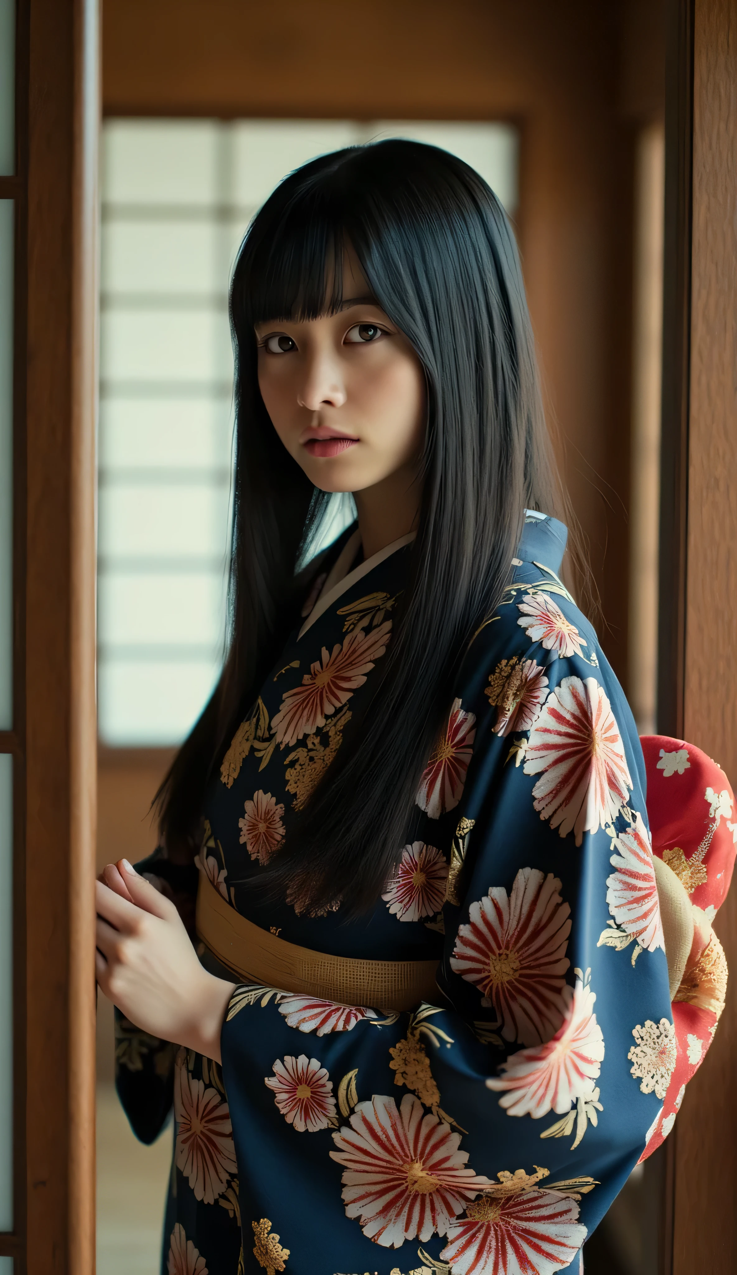 1girl, long black hair with soft bangs, large breast, slim waist, standing in a wooden doorway inside a traditional Japanese home, wearing a radiant floral yukata in deep indigo with crimson and gold patterns, obi tied elegantly in back, soft indoor lighting casting gentle shadows, lustful gaze
mid-shot, centered framing, eye-level angle,
RAW candid cinema aesthetic, shot on 16mm film and color-graded Portra 400, photorealistic storytelling masterpiece