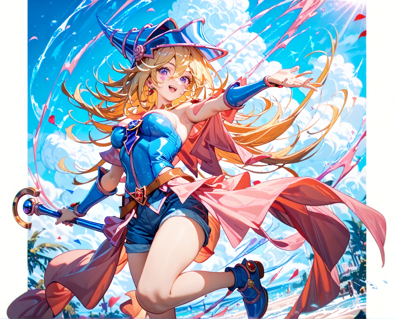 chica maga oscura, obra maestra, mejor calidad, 1girl, cabello rubio, calzado azul, sombrero azul, pechos, monstruo de duelo, sombrero, hexagrama, flotante, sol: 2, cabello largo, mirando al espectador, toenail polish, feliz, Laughing, boca abierta, pentacle, pentagrama, solo, walking stick, varita, sombrero de mago, yu-gi-oh!, desenfoque de movimiento, (luz del sol: 1.2), chromatic abberation, profundidad de campo, soft illuminaotion, al aire libre, en el cielo,