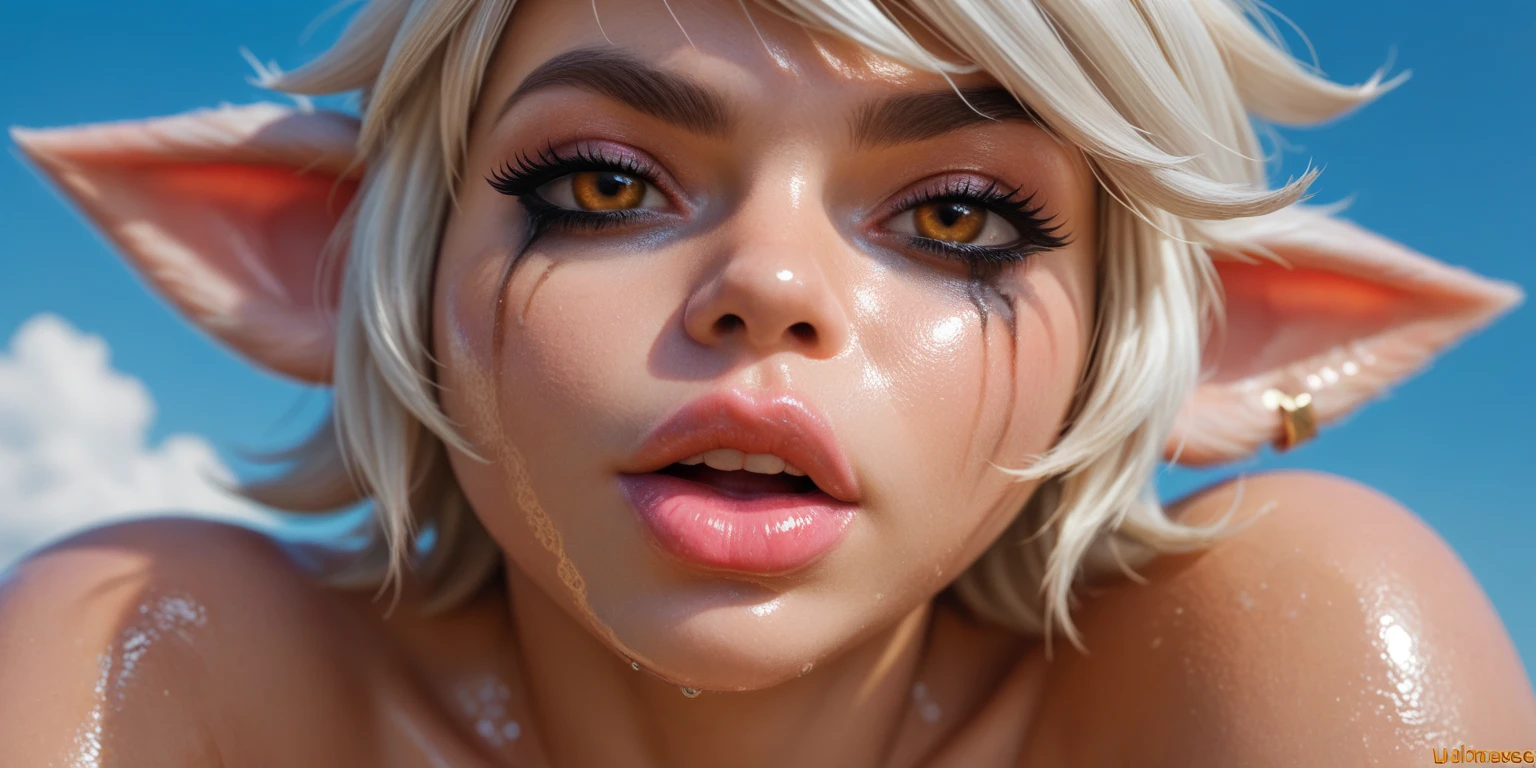 (best quality, 8k, highres, photorealistic:2.0), (solo, one girl:2.0),(lighting: front),(lighting: strong),(Russian Beauty:2.0),(shiny skin:1.5),(oily skin:1.5),(platinum blonde hair:1.5),Blush brown makeup , dark eye makeup , use pink glossy lipstick,(big eyes girl),(emphasize cleavage),(tiny micro bikini top),((big breasts)),(girl screaming loudly:1.5),(Drooling and sucking gesture:1.5),(fist in front of mouth:1.5),(drool:1.3),(look at the viewer:1.6)