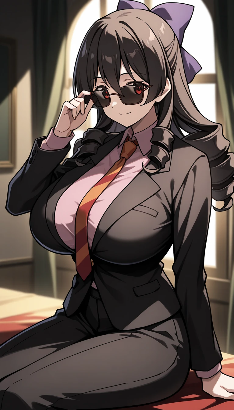 a woman in a suit and glasses posing for a picture, thicc, she has muscular abs, (slim belly:1.2), (sfw) safe for work, oppai, anya from spy x family, seductive anime girl, with a large breasts, thick body, large thighs, in a strict suit, in strict suit