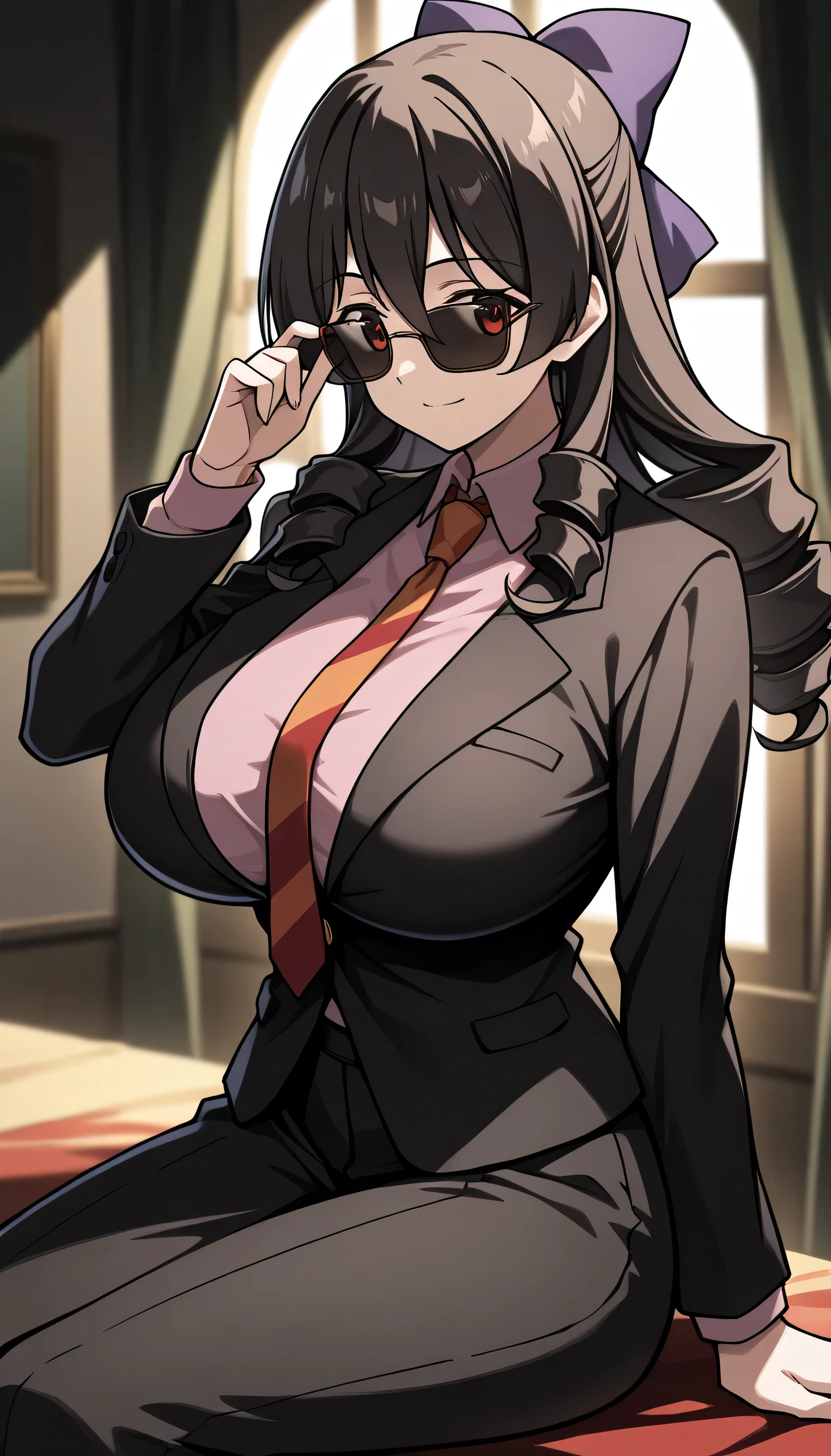 Give your images flat even illumination (negative) or dramatic chiaroscuro lighting (positive), 1girls, huge breasts solo, , sitting, looking_at_viewer, indoors, , window, solo, , sunglasses, suit, formal, necktie, , adjusting_eyewear, long_sleeves,,Arue-Liver020, arue /(konosuba/), arue (konosuba),
1girl, solo, red eyes, hair between eyes, hair ornament, long hair, bow, black hair, drill hair, sidelocks, bangs, purple bow, hair bow, hair ribbon