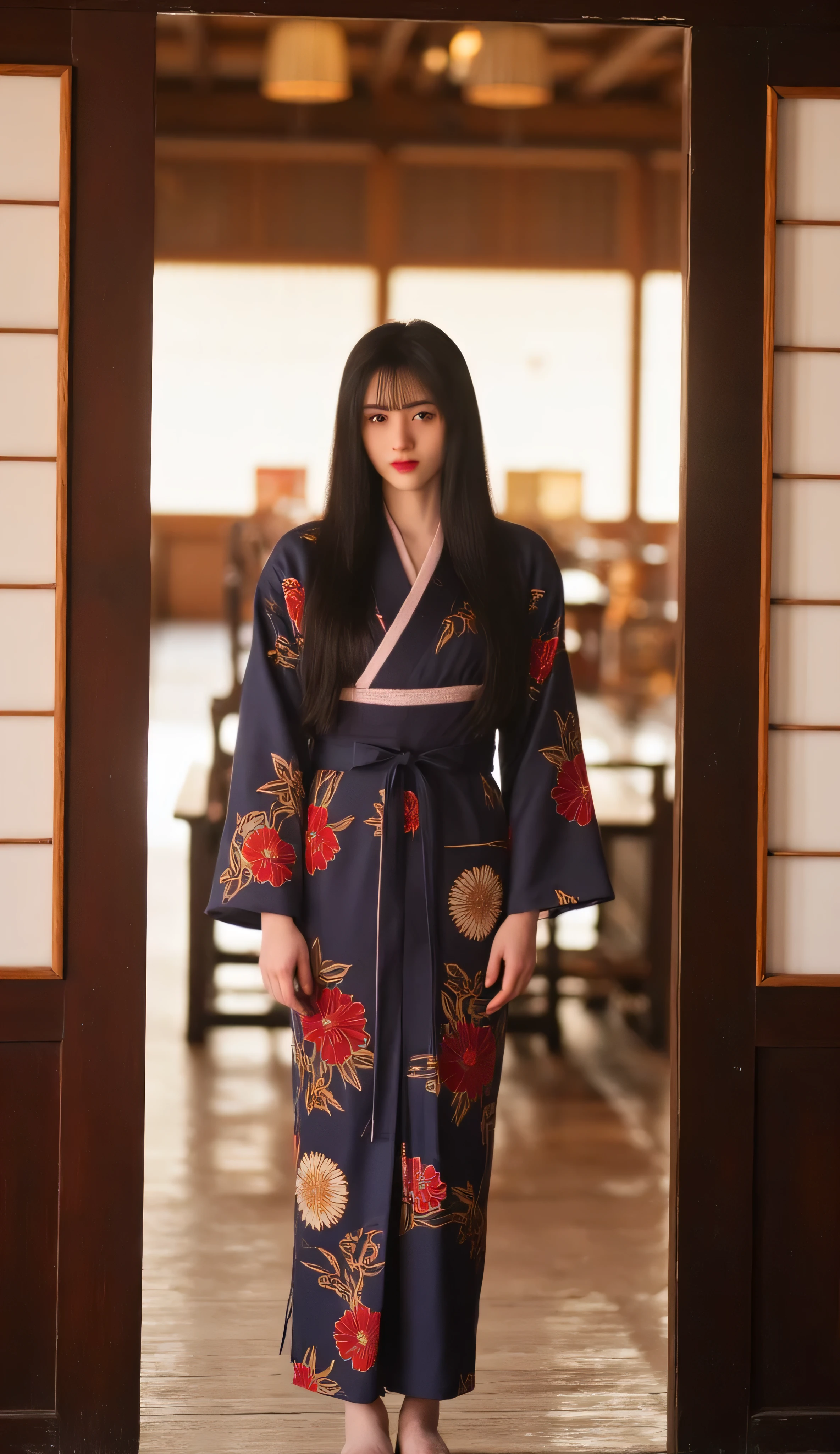 1girl, long black hair with soft bangs, large breast, slim waist, standing in a wooden doorway inside a traditional Japanese home, wearing a radiant floral yukata in deep indigo with crimson and gold patterns, obi tied elegantly in back, soft indoor lighting casting gentle shadows, lustful gaze
mid-shot, centered framing, eye-level angle,
RAW candid cinema aesthetic, shot on 16mm film and color-graded Portra 400, photorealistic storytelling masterpiece