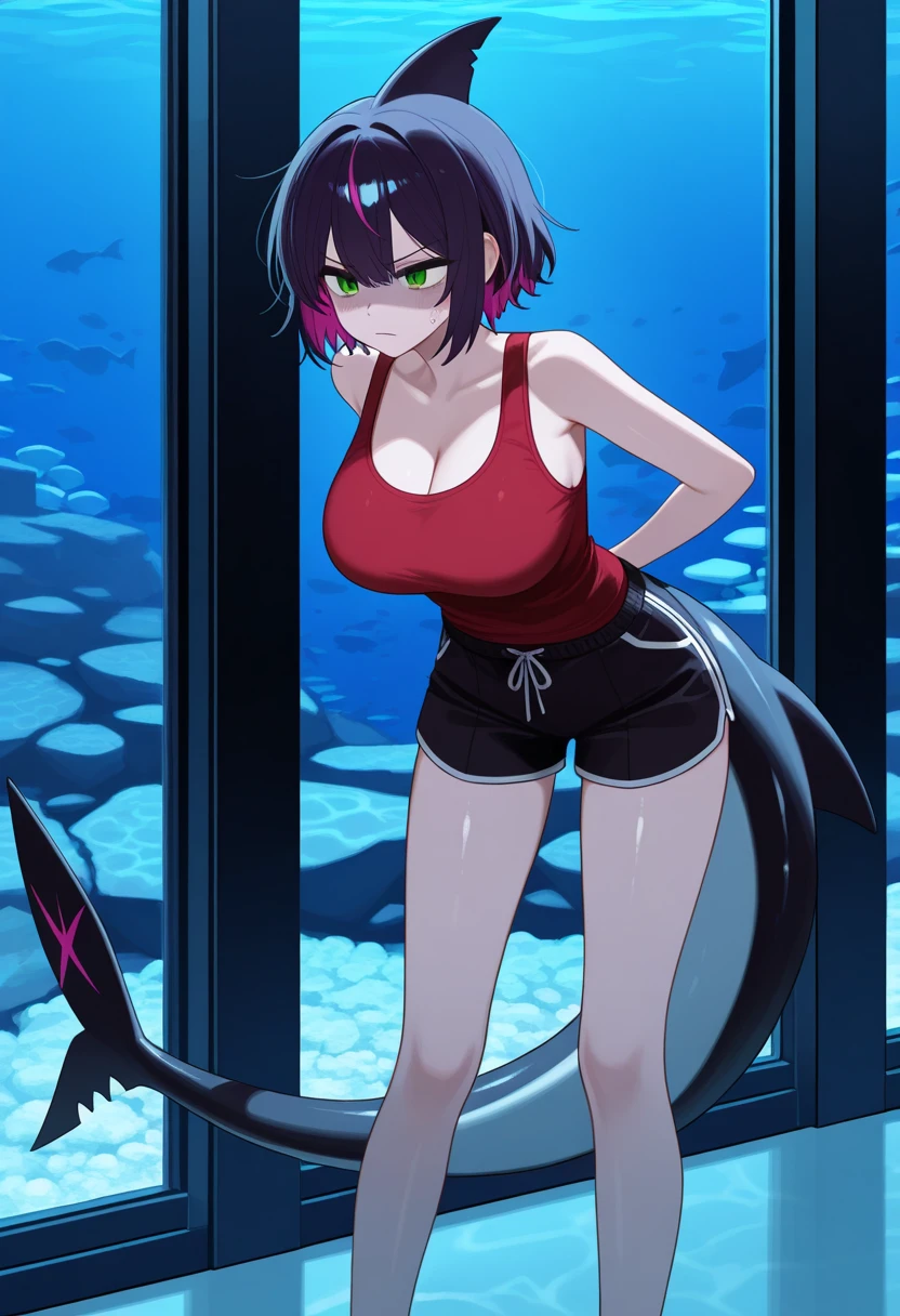 1girl with short black hair and a crop top, Scylla, masterpiece, best quality, in a pool, long hair, light smile, large breasts, skirt, red eyes, full body