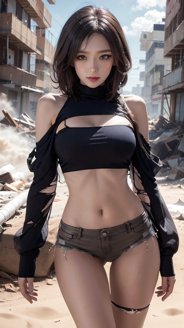Urgot, as a female, standing tall in a desolate wasteland, her mechanical body detailed with dark steel and glowing red, in the latest Dreadnought Queen skin with toxic clouds and a shattered city in the background (having beautiful breasts: 1.33), (having clothes: 1.77).