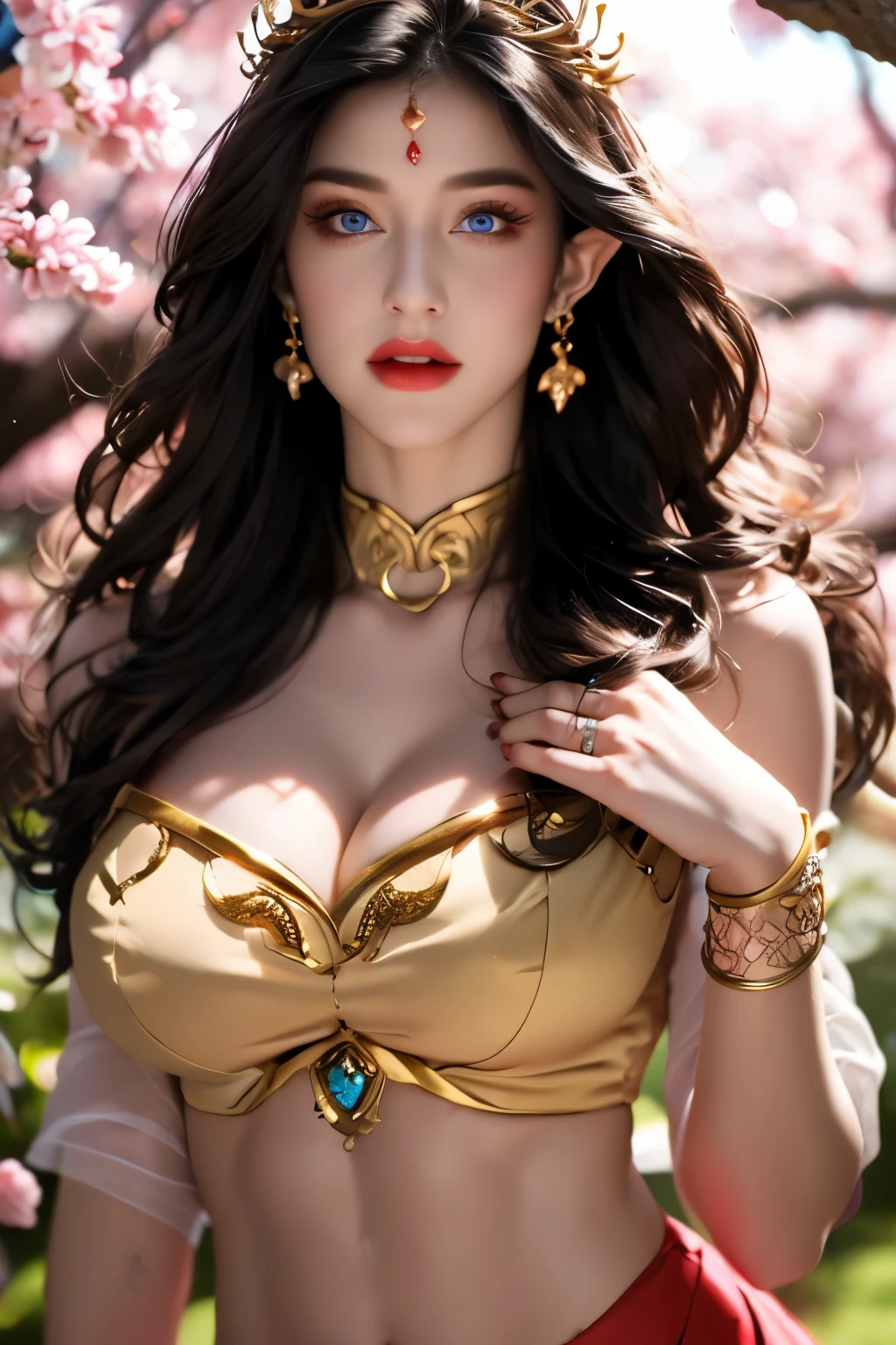 ultra realistic 8k cg, picture-perfect face, flawless, clean, masterpiece, professional artwork, famous artwork, cinematic lighting, cinematic bloom, perfect face, beautiful face, beautiful eyes, fantasy, dreamlike, unreal, science fiction, huge breasts, beautiful clothes, absurdly long hair, very long hair, (rich:1.4), prestige, luxury, jewelry, diamond, gold, pearl, gem, sapphire, ruby, emerald, intricate detail, delicate pattern, charming, alluring, seductive, erotic, enchanting, hair ornament, necklace, earrings, bracelet, armlet,
((1girl, )) <lora:Jiangli:0.6>, <lora:add_detail:0.5>