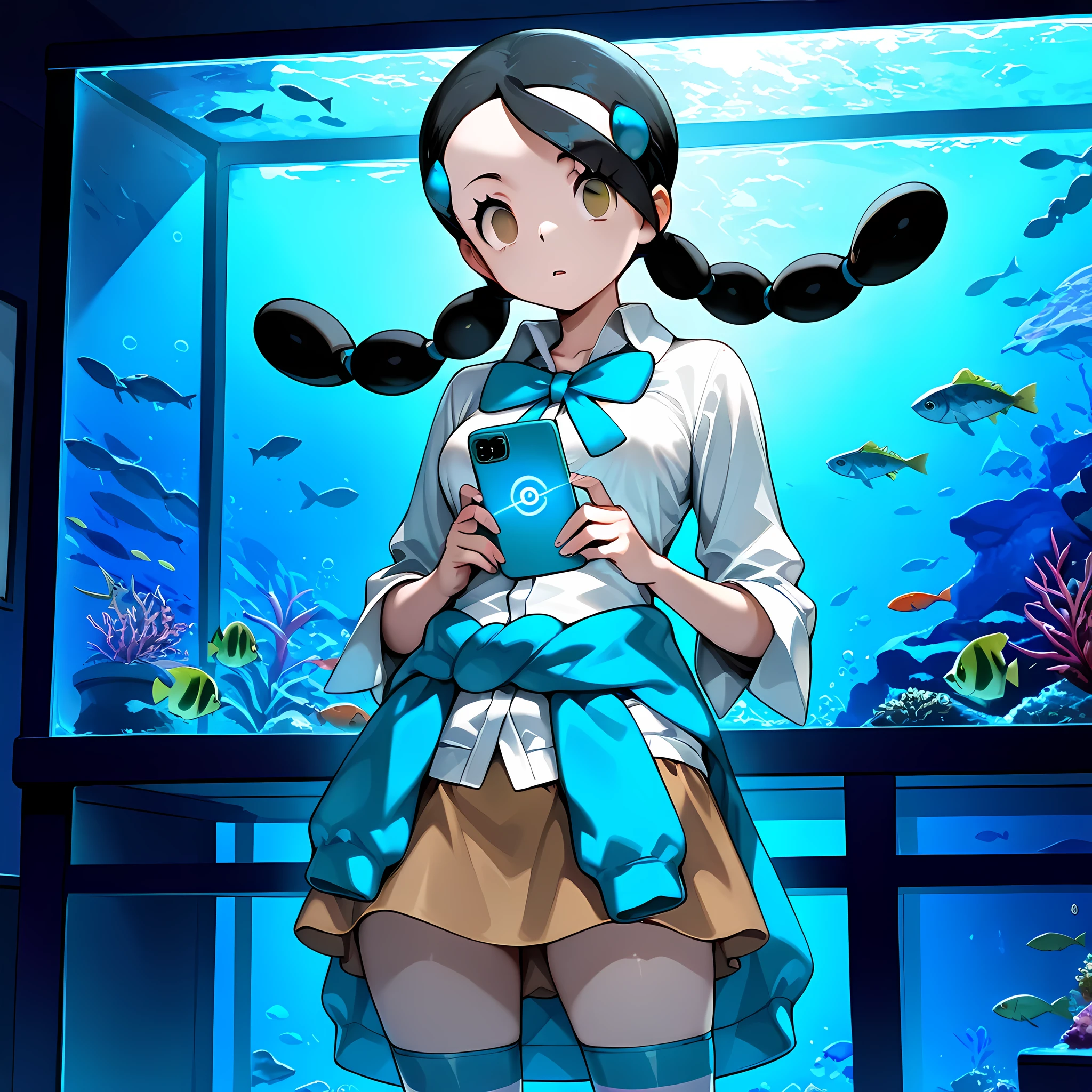 masterpiece, best quality,1boy,solo,candice_(pokemon),zzCandice, hair ornament, twintails, hairclip, striped socks, bowtie, sweater around waist, brown skirt,dark room,aquarium,fish tanks,phone,light blue phone,looking at viewer,cowboy shot,hypnosis,mind control,empty eyes