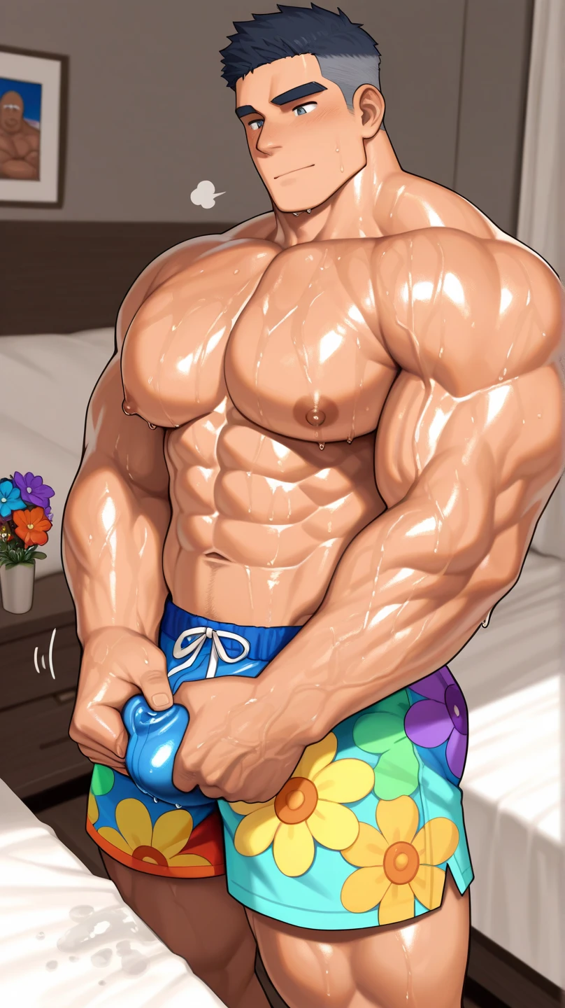 (NSFW: 1.5), (handsome Man sleep on table eating bread ),(crew cut short hair:1.8),black eye,(Wear a fitted round neck t-shirt in navy with a police badge.:1.5),(fit neck),Navy blue jeans,(black_gloves:1.2), Korean guy,chest muscles,large arm muscles,blood vessel,Big muscles,Broad shoulders, (open mouth:1.2),(face up:1.2),(close eyes:1.5), middle of the road,smile, In the bread shop, ( Cum:1.8), (genital very long: 1.6), genital very Big, (Big testicles), (Erection of the penis: 1.6), ((very big, very long penis)), masturbate, hold your hand on your penis, (semen) , (Cum in bread:1.3)