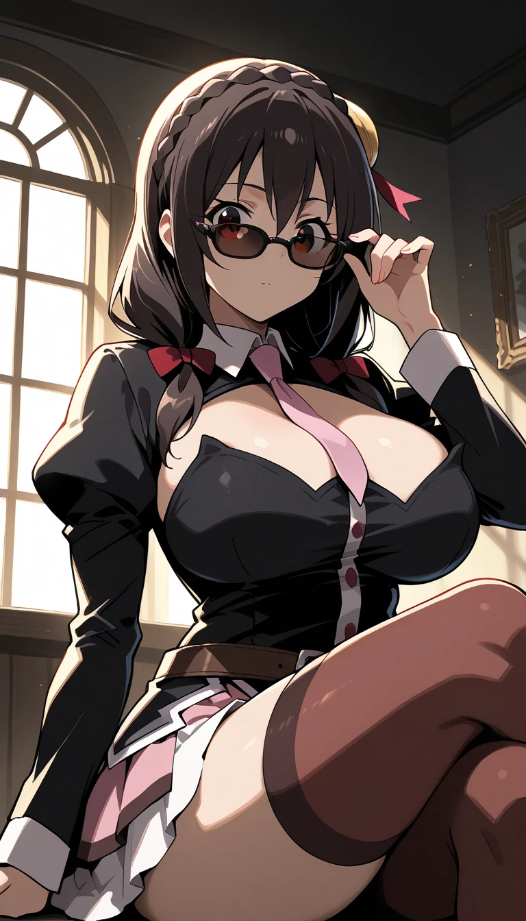 ((masterpiece, best)), (1girl), (mature woman), black hair, open-chest seduction, flared, (kemonomimi lady), bangs, big breasts, glasses lady, (full), slim, smile, [wide hips], Library, standing, aru (blue file), 8K picture quality, sexy seduction, (open-chest suit)