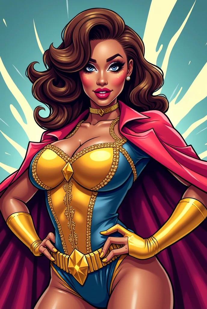 Thin woman, age 25, 4K (High definition), beautiful smiling, seducing gaze, eyes browns, wearing a tiara and a royal dress (gray and gold) with a boat neckline and long sleeves, choker on the neck (jewel fallen in the middle of the cleavage), brown belt, Caucasian skin, long curly black hair, standing (upper body), full of curves with freckles across her chest and neck. Marvel style high quality, white background.