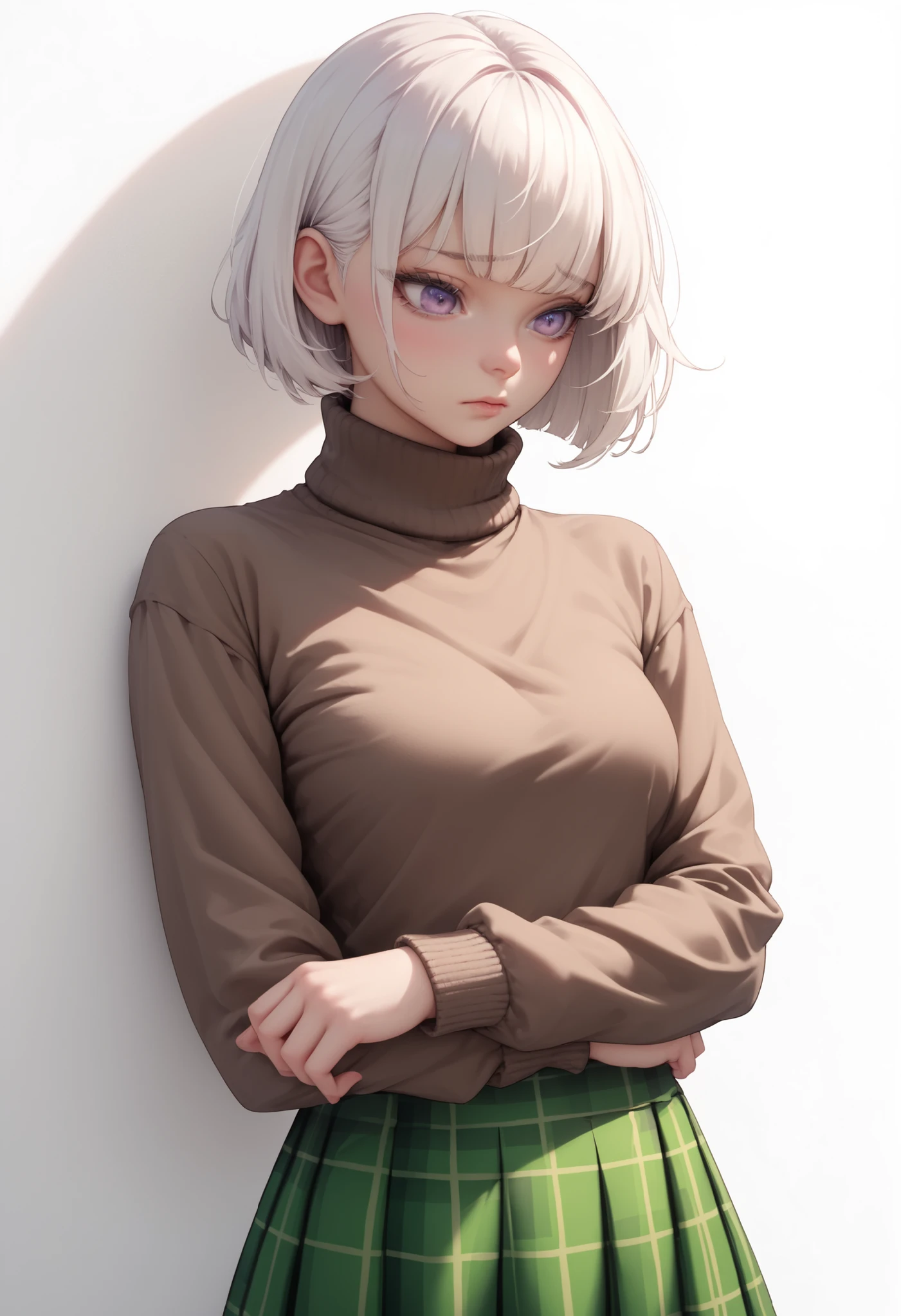 ((White background)) ((Russian girl)) 0 years (Bangs Short straight white bob), ((white bob hair)) purple eyes, (Brown oversize turtleneck sweater:1.4), (dark Green plaid skirt:1.2) 1 girl, rathing_questionable , ,score_9, score_8_up, score_7_up, seductive , ((very small breasts:0.3)) ((very thin:1.2)) stand, shy , (Flat chest:0.5)