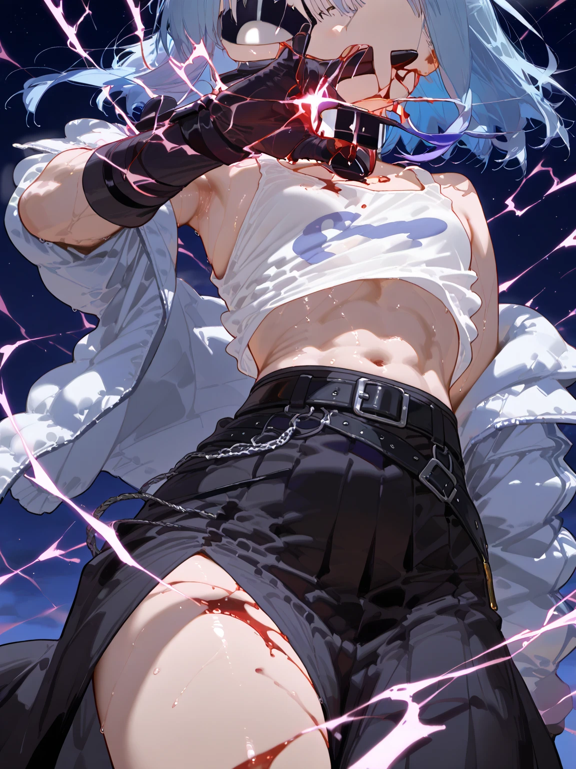 masterpiece, highest quality, ethereal,1guy, solo, , two-toned black and white hair, venom eyes, porcelain skin, long hair, wearing leather harness, black tight pants, luxury red room, jewelry, depth of field, cinematic lighting, muscular, colored lights purple , vampire, fangs, no shirt