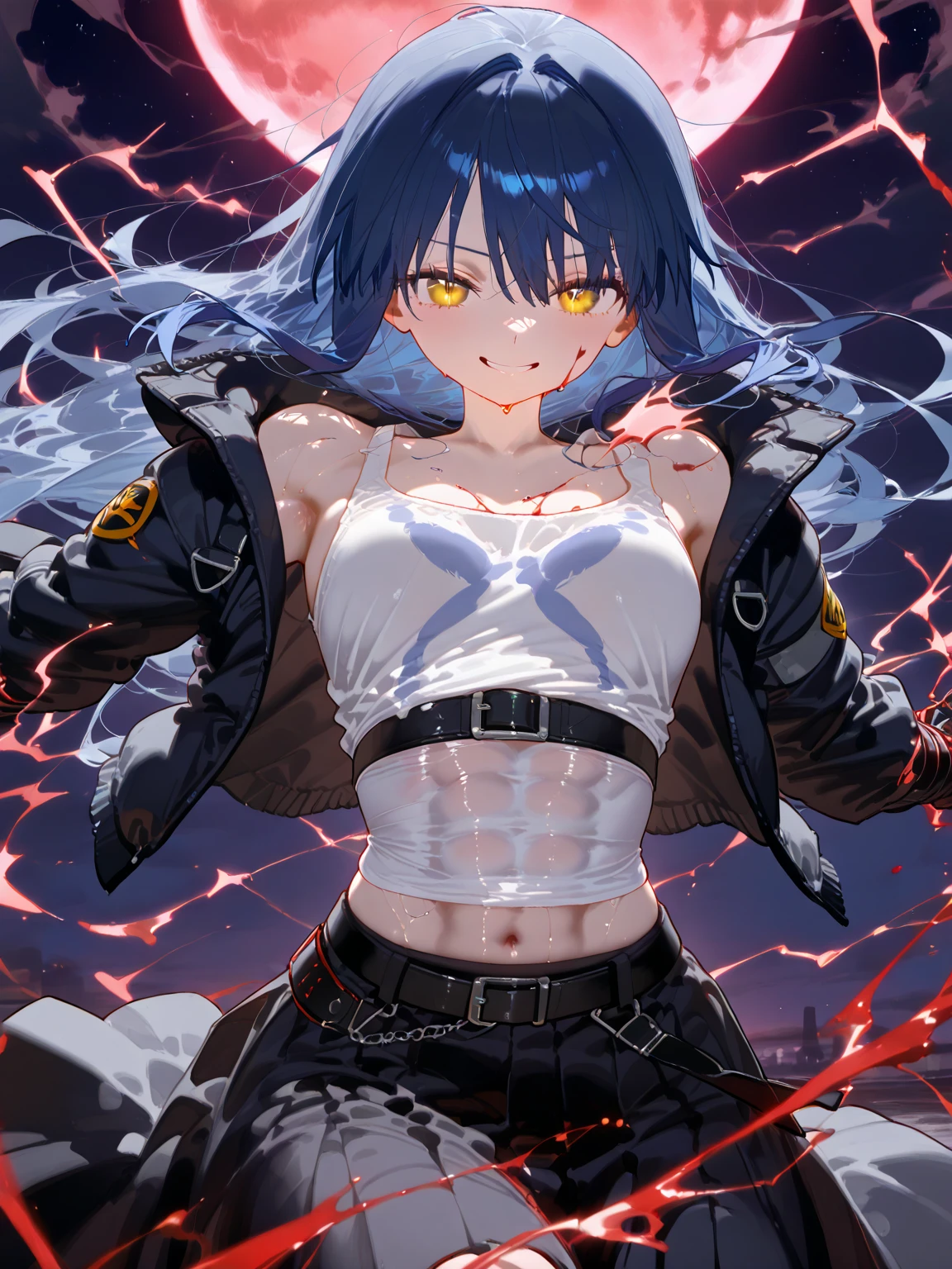 Realistic, High resolution, Soft Light,1 female, alone, Hip Up, (Detailed face), we \(one piece\), tattoo, jewelry,kochou shinobu,Multicolored Hair,No bangs,Hair intake,Purple eyes,amount,Black Shirt,Black trousers,Haori,butterfly,button,belt, knife, ((Torn clothing:1.5)), ((Voluptuous body)), ((Expression of pain)), ((Tied to the cross)), ((Spread your legs)),