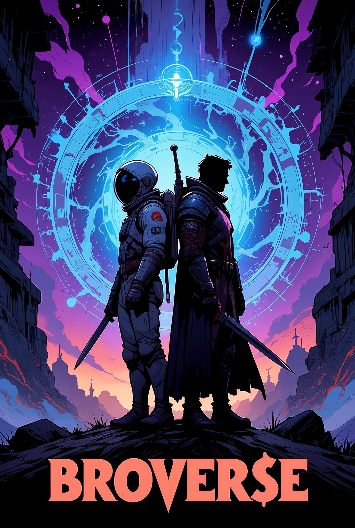 Logo-style circular illustration. Two stylized silhouettes of male figures back-to-back (astronaut + knight), standing in front of a glowing swirling multiverse portal. Surround them with subtle elements of fantasy and sci-fi (dragon tail, spaceship, magical runes, alien planet landscape). Background in deep purples and blues with vibrant lighting effects. Futuristic bold text at the bottom: ‘BROVERSE’. Clean, iconic, and optimized for profile picture crop. Comic book style with semi-realistic digital painting, high contrast lighting