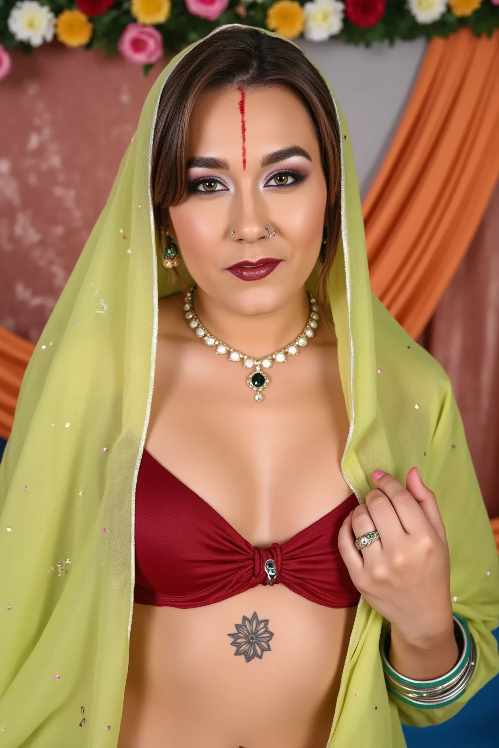 A photorealistic portrait of a 30-year-old Indian beauty adorned in traditional blue dupatta and jewelry, fully naked except for the dupatta and jewelry, highlighting her beautiful , nipples, and hairy pussy. Celebrating her wedding anniversary, she is savoring a wine bottle to viewer, radiating elegance and charm with her gorgeous features, big breasts, and perfect hairy pussy, all captured in stunning detail.(Whole body capture)
