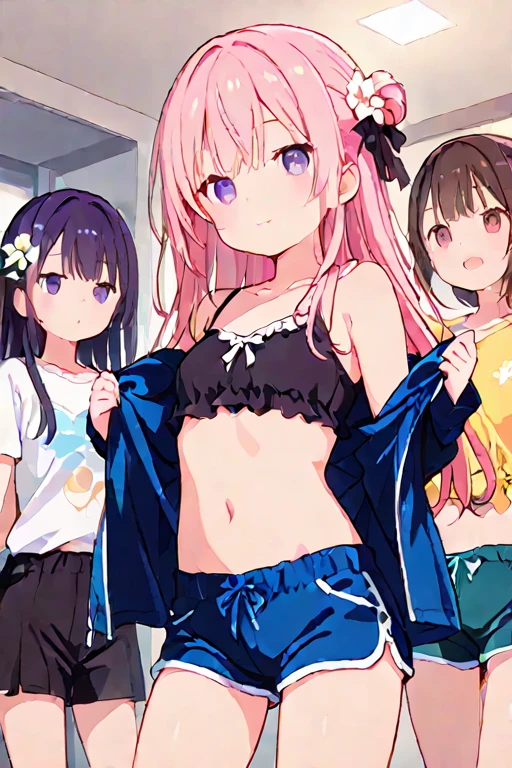 (Superflat, Flat Shading, flat-colors:1.1)、(Magazine Cover)、(Multiple girls)、Illustrations、((Lori、Petite、flat chested、A 12-year-old girl))、White skin and beautiful appearance、white wavy hair、Red eyes、Petite、striped crop top、Children's Printed Panties、Smile、Bottom、from behind、colorful stockings、Volumetric lighting、Soft light、Bright、neons、Vibrant colors、watercolor paiting、