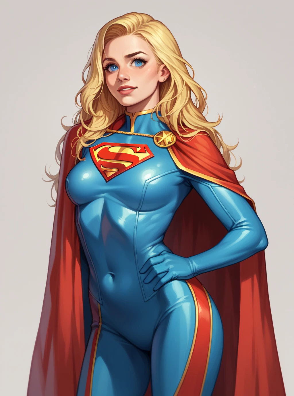 Semi-realistic digital art with soft strokes and oil shading. A blonde superheroine with long flowing yellow hair, muscular arms and extremely muscular legs, an oval face, and almond-shaped blue eyes. She should have a serious expression and be in a confident pose with her hands behind her head. The character is wearing a blue bodysuit with the iconic Superman symbol an 'S' on the chest. The lighting should highlight her musculature, emphasizing the details of her muscles. Image inspired by Artgerm. She is on a neutral background.