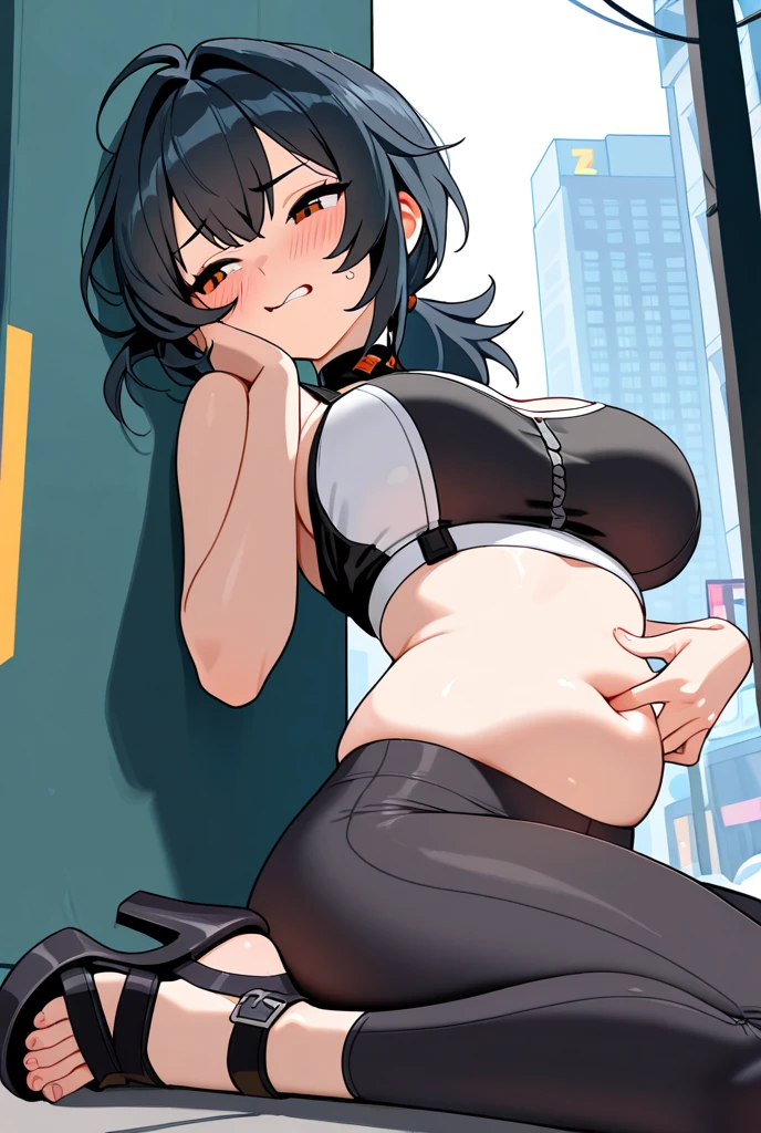 ((highres)), Masterpiece, high quality, best quality, beautiful, perfect lighting, detailed face, ultra cute face, cowboy shot, looking at viewer, ((1girl)), ((solo)) black hair, red eyes, short fluffy hair, hair covering one eyes, hair on brushed to one side, seductive smile, flirting, sweating, ((blush)), piercings, mascara, black tank top, cleavage, (mini skirt), thigh highs, ((thick thighs)), (wide hips), medium breasts, (pudgy belly), fat folds, night club,
