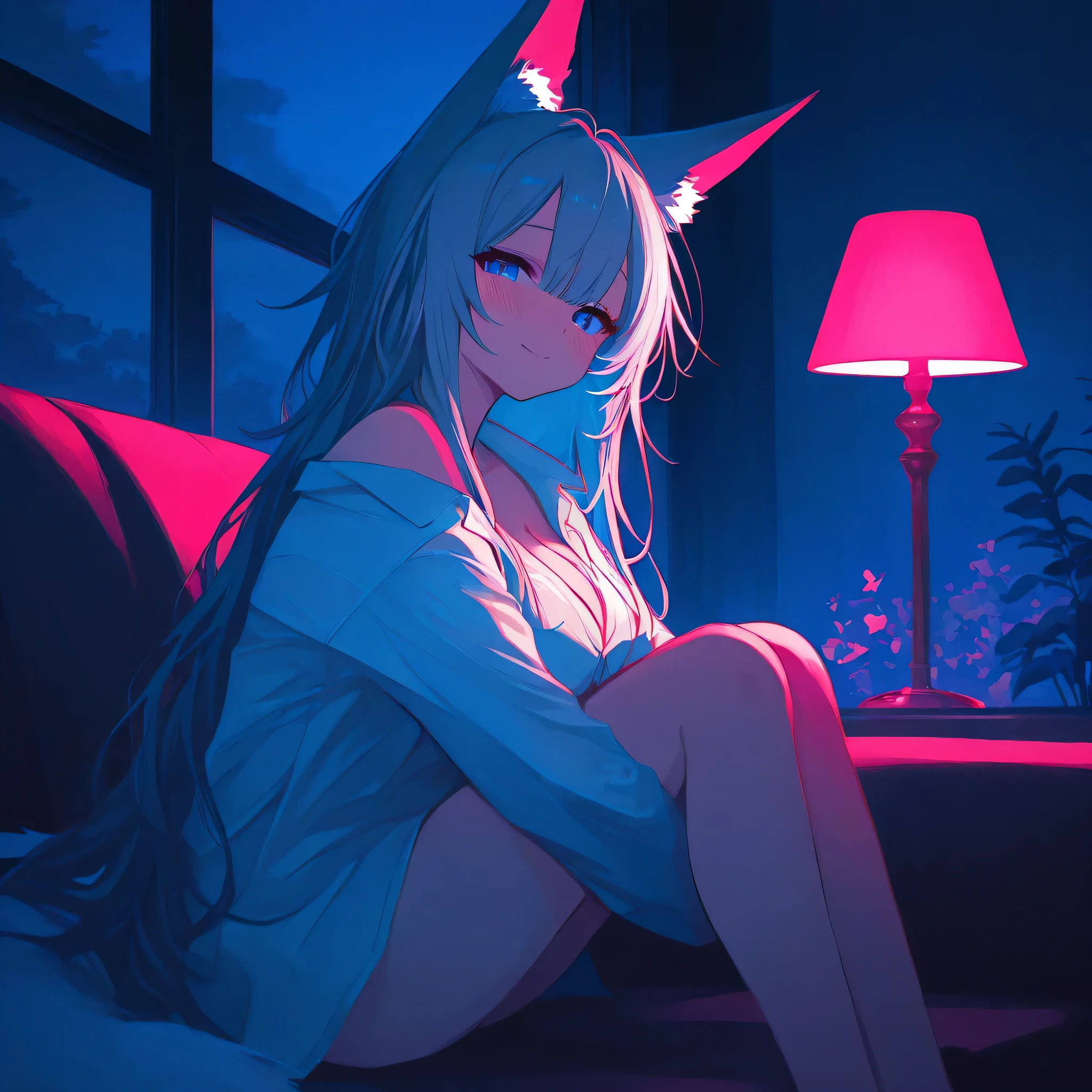 1girl, bare legs, blush, braid, breast pocket, breasts, cleavage, closed mouth, couch, feet out of frame, blue eyes, grey hair, hair between eyes, hugging own legs, indoors, knees up, lamp, large breasts, long hair, long sleeves, naked shirt, night, off shoulder, on couch, pocket, shirt, sitting, sky, smile, solo, thighs, very long hair, white shirt, window, shinano \(azur lane\), blue theme, white theme, ambient occlusion, high saturation, high contrast, colorful, cinematic lighting, color grading, tone mapping, lelst0_illu, fox ears, fox tail, kitsune, from side, light theme, looking at viewer, pink theme
