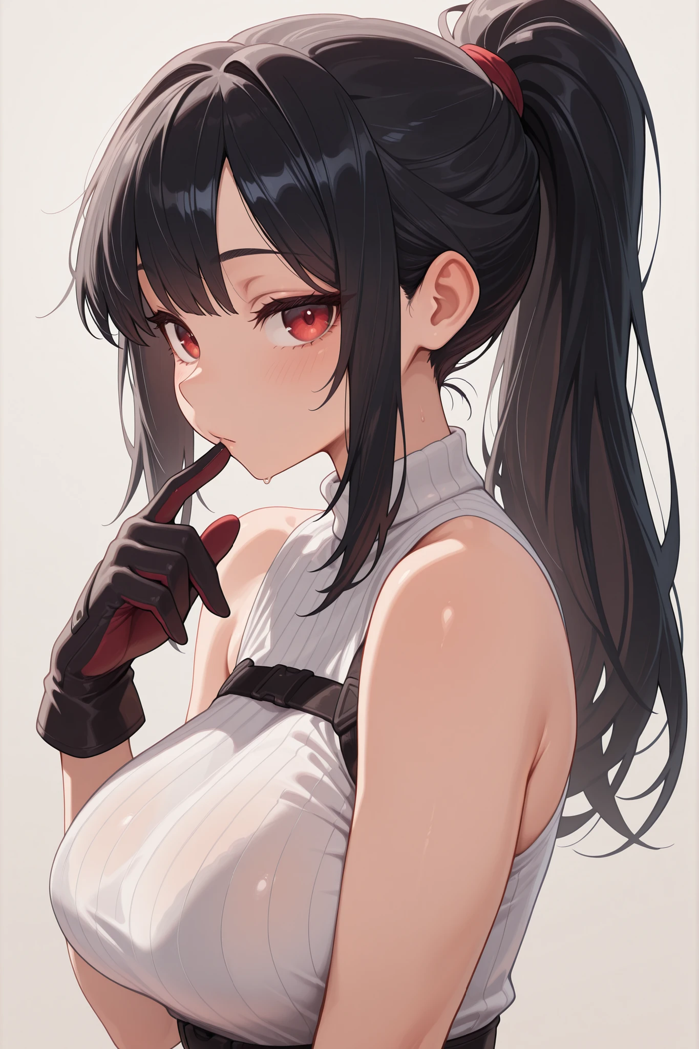 masterpiece, best quality, amazing quality, newest, very aesthetic, 1girl, solo, red eyes, long hair, upper body, black hair, ponytail, breasts, bangs, gloves, bare shoulders, looking at viewer, sleeveless, absurdres, highres