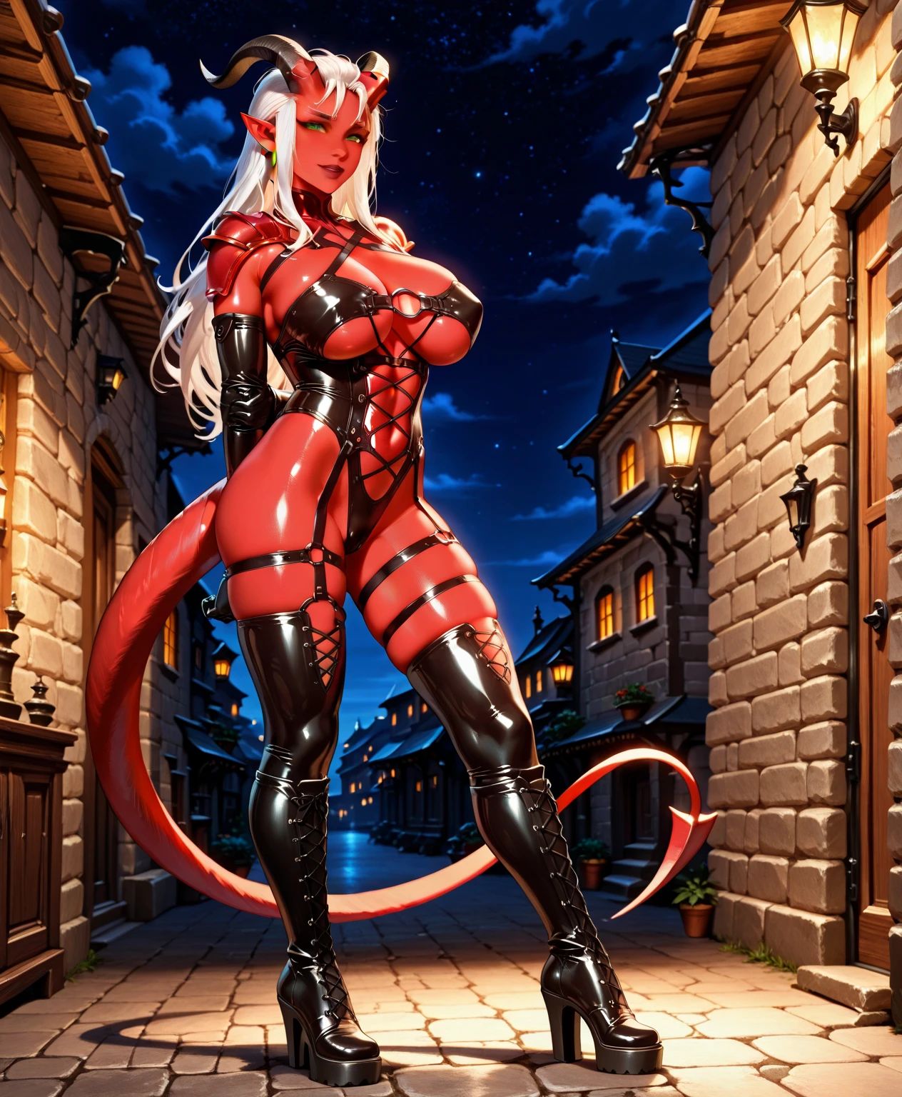 Full body, masterpiece, female drow elf purple skin standing pose, red cape, red bikini, long blonde hair, strong body, abs, Ultra Quality, Shiny Skin, Atmospheric, 8K, Cinematic, ((Street background)), BREAK, ((Long White Hair)), narrowed black eyes, long black dress, fingers crossed, Sunglasses