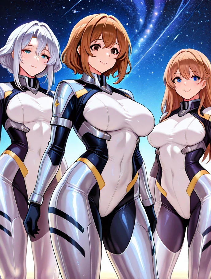 Masterpiece, 4girls, wearing , beauty and cute, high detailed, dinamic lighting, vivid colours, ultra large saggy breasts, massive cleavage exposed, A giant spacecraft navigating interstellar space, Sophisticated design, huge geometric figures stacked in layers,standing, white skin, blue eyeballs, blonde hair, happys, various hair styles, harem, perfect eye
