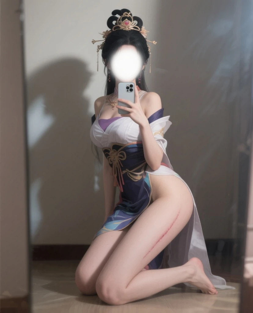 1girl, breasts, pussy, nipples, solo, purple_hair, ass, twintails, skirt, hair_bun, long_hair, large_breasts, open_mouth, lying, blush, bangs, looking_at_viewer, double_bun, collar, arm_strap, hair_ornament, piercing, uncensored, purple_eyes, pillow, thighs, looking_back, black_skirt, on_bed, hair_flower, flower, topless, ear_piercing, no_panties, pleated_skirt, nail_polish, keqing_(genshin_impact), miniskirt, on_stomach, hand_on_own_ass, bed_sheet