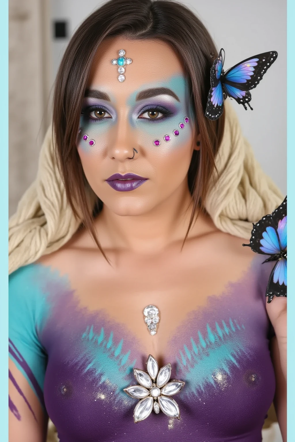 purple and pink split hair, purple eyes, pink and purple flowy dress, <lora:PortalsAI:1>, full body, purple makeup, less saturation, split hair, fairy wings