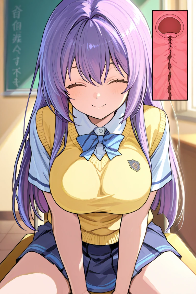nsfw,(super fine illustration,8K CG wallpaper,best quality,extremely detailed,ultra high res,best aesthetic),(cowboy shot,from front),1girl, solo,idolmaster, ((anna mochiduki)), (16yo, beautiful girl), (beautiful green eyes),(eyeshadow),(((beautiful purple hair)))), ((midium long hair)),(ahoge),(wet hair), (shiny hair),(wet skin), (dark skin),(shiny skin),school uniform, white collared shirt, collarbone, red long tie, checked skirt,chorker, wearing a cardigan around ),(the waist),(flat chests,very small breasts),sweaty body), ((open clothes)),(((no bra))),((pull down skirt and panty)),(((pubic purple hair:1.5)),(bsp, pussy juice dripping,pussy, pussy slip,no makeup, sweaty body),(spread legs)),(((open pussy:1.3))),((steam)),(scatter sweat),(embarrassed,smile), ((open mouth))s,(((one eye closed))),(((tongue out))),deep breathing, feel good,indecency,(squatting),(Nice touch),(grin),((Kamimei),(lipstick),((fingernails)),(ecstasy),(((sex,Cowgirl,pov))),(cum shot),(background classroom)(twilight),Blur the background,looking down at viewer,