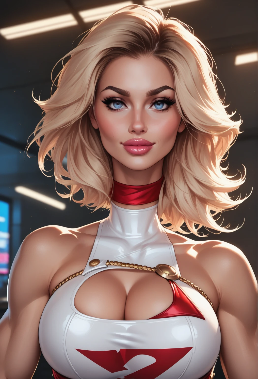 cleavage, [soft ambient light],red romantic background,(Beautiful One Girl),SCWEN, (23 year old student)) [long-hair] ((very muscular)) [Scrawny],(Cowboy shot) etching [sweaty], photo from above, [detailed face], realistic eyes, looking at viewer, hypnotic look,ideal eyes, (Beautiful skin expression [transparency]),(incredibly beautiful skin),[Realistic papilla details],[Physical details],(Realistic physical details),perfect figure, professional supermodel, full body, sexy poses, Eros no Corpo Natural,[ideal anatomy],[Desaturation],(high qualiy),(high resolution),((big round tits)),(((red superhero suit))),white latex, ((bare shoulders)), sexy shoulders, slicky details, red bra, red hexagon texture, ((hoop earrings)), red lips, full body, no foreground, focus on girl. 