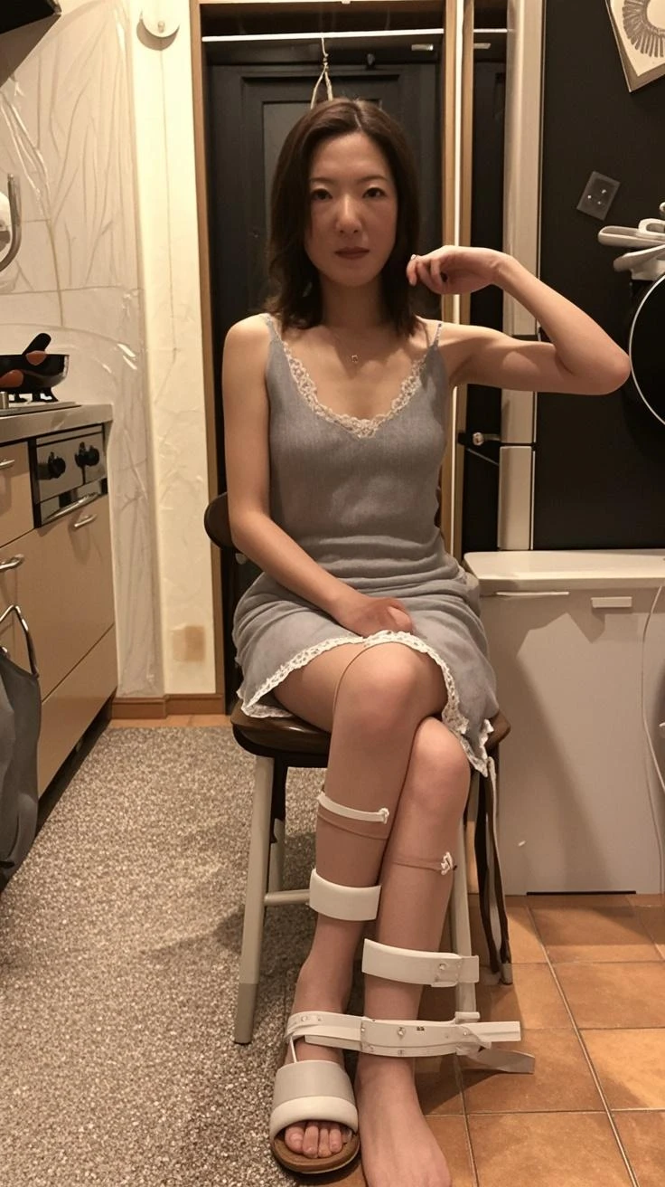 (high-level image quality、hightquality、hight resolution、masterpiece)、a matural female、white hair、(Big)、(Lace bra and panties)、(Kitchen in an old apartment)、Jumbled background、 (Messy room:1.2)、Haggard face