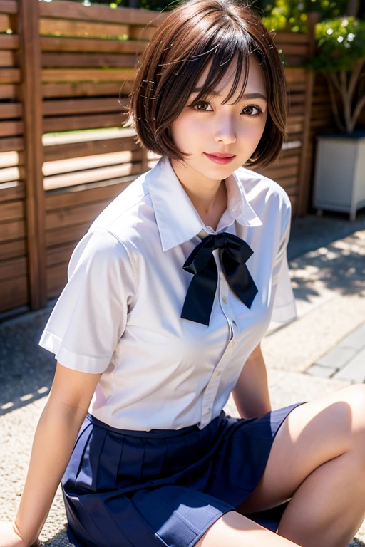 (Close-up:1.4)、(RAW photo:1.2)、(photorealistic:1.4)、(masterpiece:1.3)、(highest quality:1.4)、(Beautiful woman with perfect body:1.4)、solo、7 head and body、(cute face)、(cute:1.2)、(full body shot)、(panty shot:1.3)、(spread your legs:1.3)、beautiful detailed sky、night、wet、looking at the viewer、(sitting:1.5)、smile、big breasts、(beautiful detailed eyes)、(charming big eyes)、(beautiful double eyelids)、(beautiful and detailed face)、(short hair:1.1)、(brown hair)、(perfect anatomy:1.2)、(tie、pleated skirt、school uniform、white panties、white shirt、loafers、socks:1.3)、blurred background、outdoor、