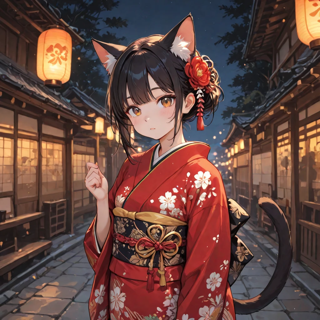 masterpiece, high resolution, high quality, festival, night, fireworks, red kimono, big breasts, cat ears, floral pattern, red eyes, NSFW, black hair, ponytail
