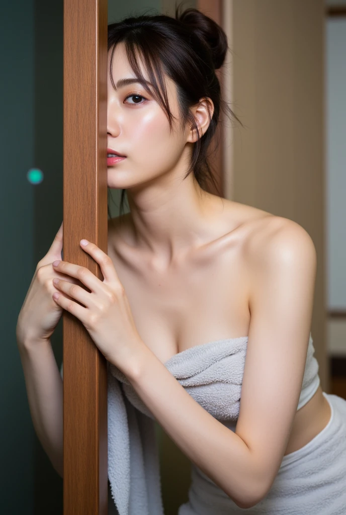 2 women、(masterpiece:1.3), (8K, Photoreal, Raw photo, best image quality: 1.4), Japanese, (2 girls), beautiful face, (lifelike face), (short hair:1.3), beautiful hairstyle, realistic eyes, beautiful eyes, (real looking skin), beautiful skin, Charm, 超A high resolution, surreal, high detail, golden ratio, detail makeup,see the beholder,medium chest、((Naked with a white towel))、wet hair、Face wet with sweat、Sweaty body、trimmed pubic hair、((whole body))、cooking in the kitchen、Side view