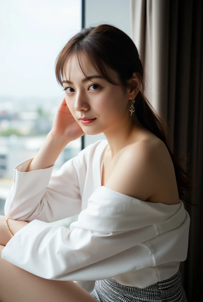 ((highest quality, 8K, masterpiece :1.3)), (realistic, Photoreal:1.4), sharp focus:1.2,
Bright colors, professional level, shallow depth of field,
20-year-old, 1 person, A beautiful face with intelligence,
Supple body :1.3, model body shape:1.5, 頭w:1.4, perfect style:1.4,
narrow shoulders, beautiful clavicle, long and thin legs, The beauty of slim abs :1.2, thin waist :1.2,
super detailed skin, Fair skin, Shiny skin,
super detailed face, slim facial contour, beautiful small face, Beautiful lined nose,
super detailed eyes, long slit eyes, brown eyes, double eyelid, beautiful thin eyebrows, fine long eyelashes,
super detailed lips, plump lips, glossy pink lips, flushed cheeks, beautiful teeth,
Beautiful actress's ennui makeup, pink lipstick, silver necklace, earrings,
light brown hair, delicate soft hair,
(hair up, medium long hair :1.2), layer cut, (dull bangs:1.2),
(Dress up with trendy fashion:1.2),
gentle smile, open mouth half way, Enchanted expression, stare at the camera,
dynamic lighting, ((Hasselblad Photos)),
((She is completely naked and is wearing a tight white satin blouse with polka dots., I can see her through her blouse:1.2)),
(perfect breast shape, B cup:1.2), A small pink areola,
She has a cute plump butt, My thighs are dazzling,
(View from the front, pay attention to the ankles:1.2),
blue sky and aegean sea, sea beach, The horizon of the ocean spreading out in the background,
walking with beautiful posture,
Posing with palms like a , spreading my legs,
cinematic lighting, midsummer rays, Bright light shining all over,
