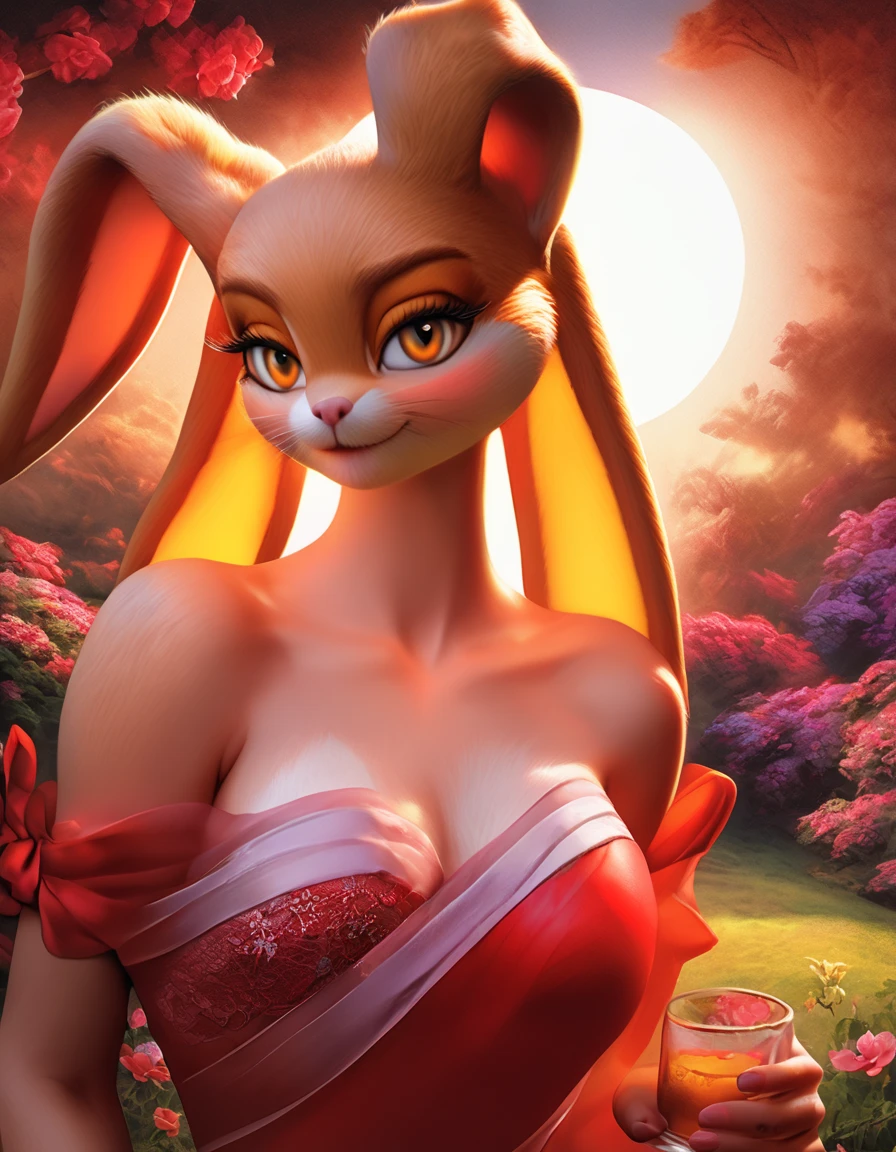 Pauline, blue eyes, long hair, 1girl, solo, perfect breasts, ,earrings glossy lips ,looking at viewer, blush, large breasts, nature, pond, trees, park, long white elbow satin gloves, holding, animal ears, cleavage, bare shoulders, jewelry, very l, gentle smile, pantyhose, earrings, fake rabbit ears, red leotard, fake animal ears bunny, long white elbow gloves, white gloves