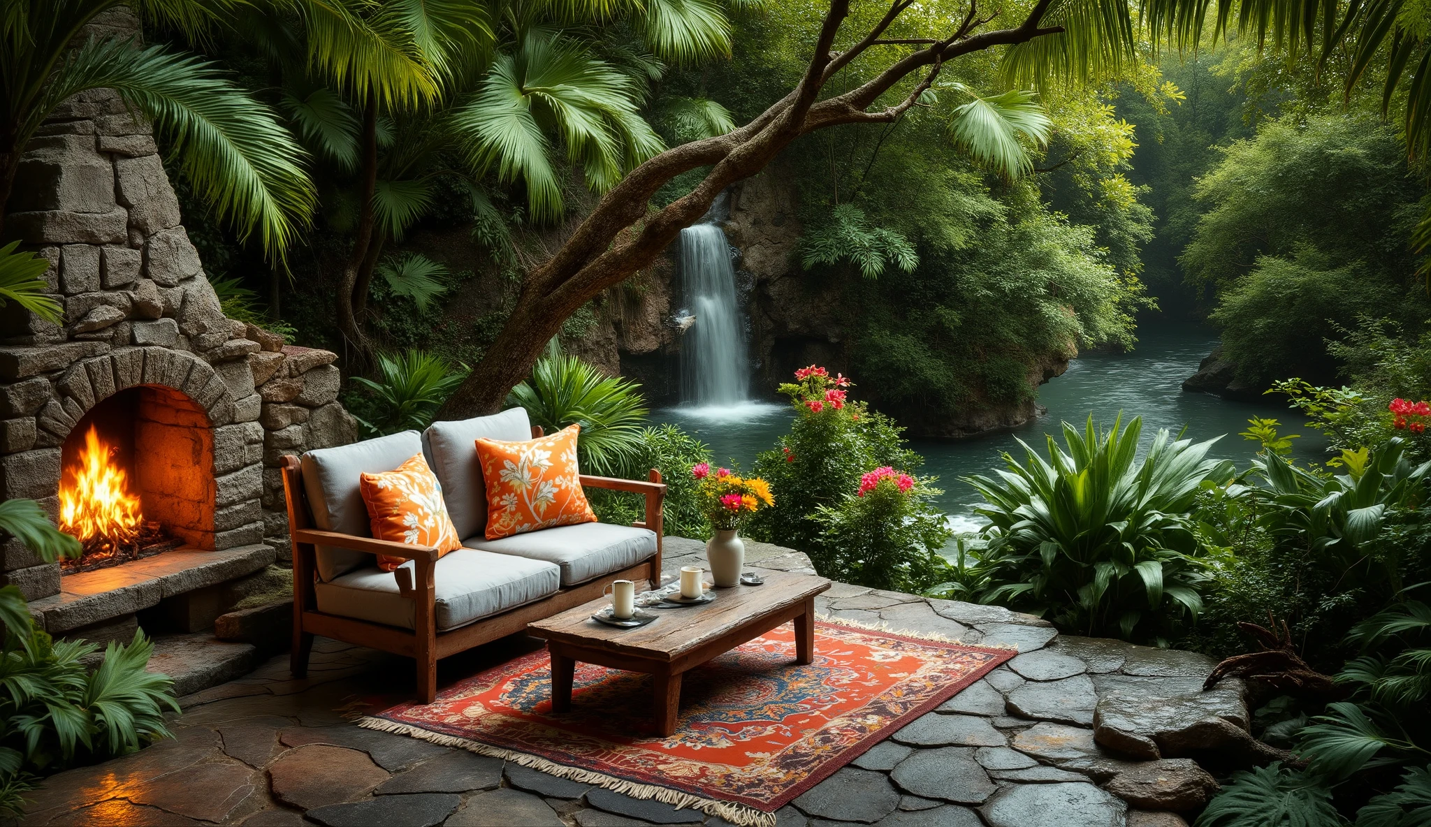 A photo-realistic shoot of a cozy natural stone porch on a cliff with a luxurious natural stone floor overlooking a stream in a lush green forest. On the floor, there are two sofas with gray and orange floral cushions, a small rustic wooden table with a cup and a cup of coffee, a vase of fresh flowers on the table, covered with a colorful patterned rug, next to a warm outdoor fireplace. Surrounded by tropical greenery, tropical palm trees and with a long branch reaching out to the stream with colorful flowers, creating a peaceful and quiet summer atmosphere. The stream flows gently and the water is clear, reflecting the green of the surrounding trees. Far behind the stream is a waterfall pouring down from the cliff in the forest