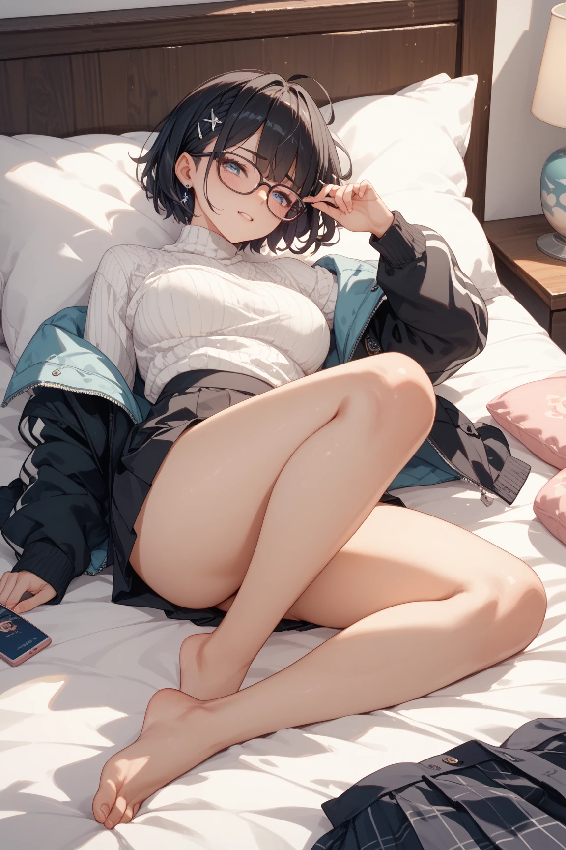 score_9, score_8_up, score_7_up, source_anime, best quality, masterpiece, official art, absurdres, highres, ultra-detailed,waifu2x,Collection: Slice of Life,break,1girl, very short hair,pixie cut, long bangs, glasses, small breasts, thighs, sweat, open mouth, indoors, summer, break,(clear line illustration:1.2),very high resolution, very aesthetic, super detailed skin, Best sexual lighting powered by famous artist, 8k,cute picture,beauty illustration,photoshop_(medium),,(Detailed Lighting),best anime 8k konachan wallpaper, pixiv contest winner,
