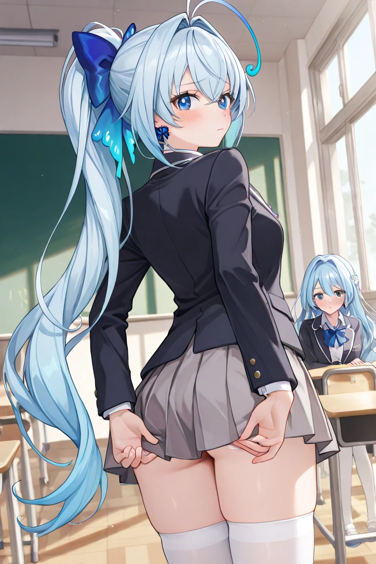 source_anime, score_9, score_8_up, score_7_up, highly detailed, BREAK (pose) , cute girl ,lop rabbit ears,medium hair,blue cute girl ,lop rabbit ears,blue hair,ahoge ,straight_hair ,crossed_bangs,(jitome),blue eyes ,(cat mouth ), small breasts, (nude),((nsfw)),[[nipples]],[[pussy]], ,knee shot, fantasy,white background,simple background,small crown,petite+. missionary, vaginal penetration, intense penetration, classroom, on a table,sailor swit,skirt lift,