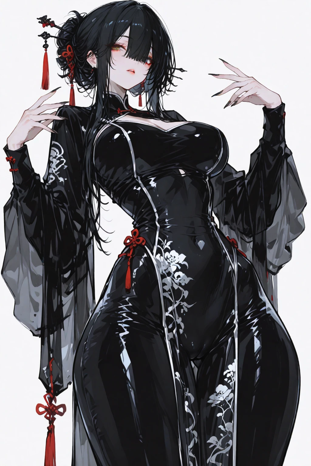 A beautiful girl with long black hair and large breasts in a luxurious black kimono with red spider lilies and white skeletons.