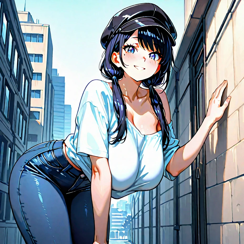 woman,20-year-old,,city,night,(((White and blue tight mini skirt))),,Laughing with your mouth open((Leather thigh-high boots))(),((Black Hair)),blush、Surprised face,((())),((Looking Back))(Wet with sweat)Reflecting the buttocks、Big Breasts